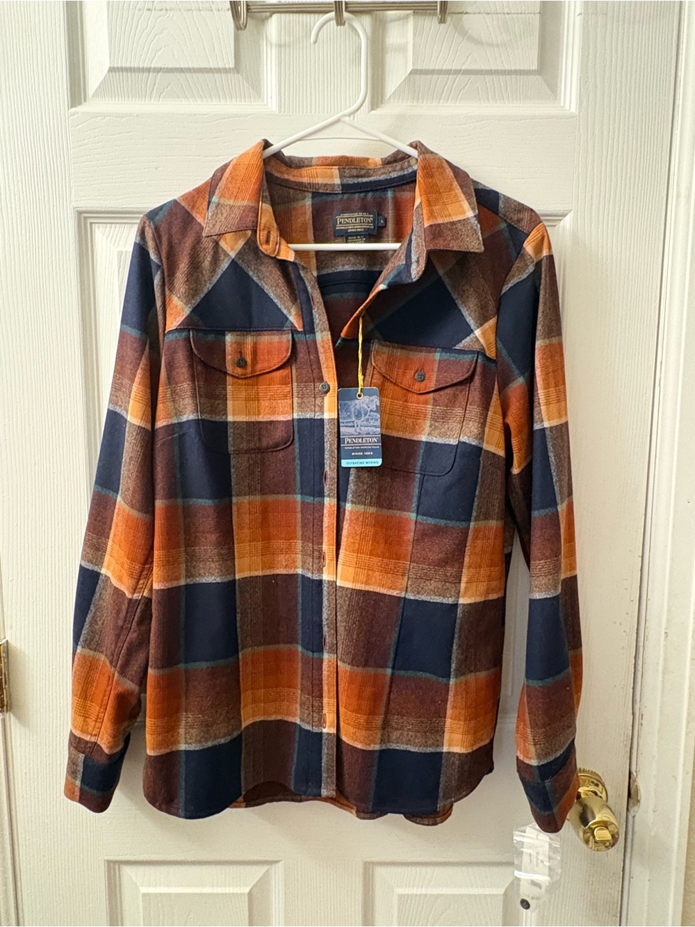 Pendleton Orange, Navy & Brown Plaid Wool Shirt Jacket